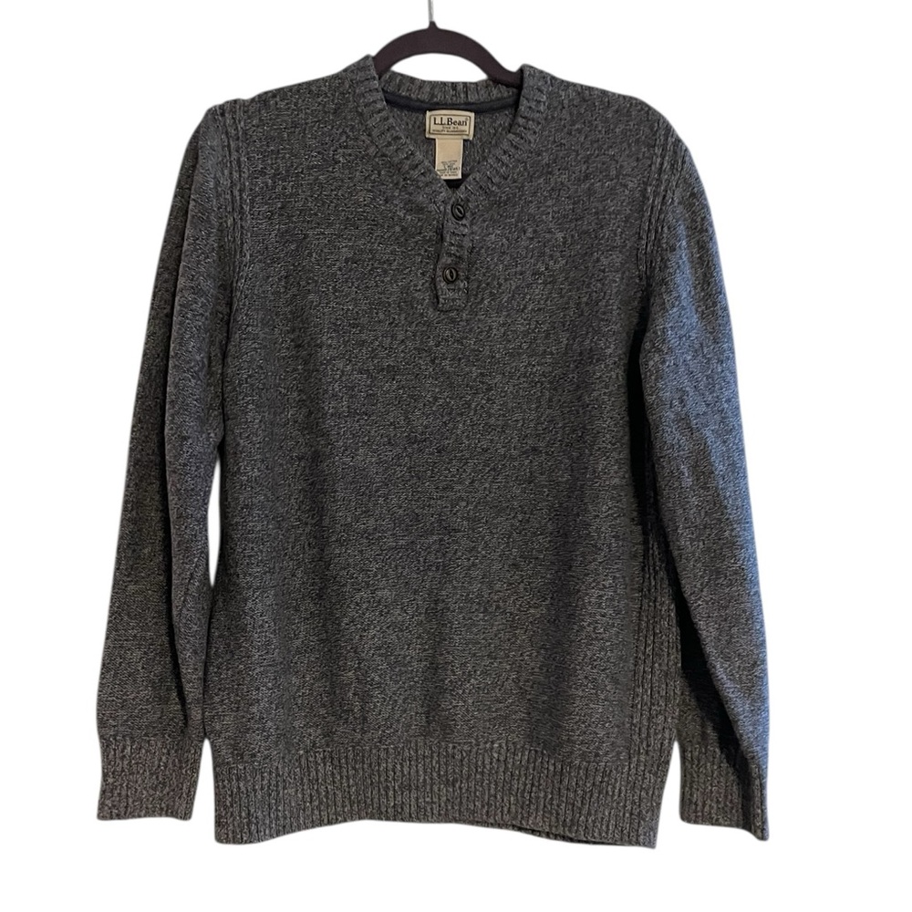 L.L. Bean Henley Sweater Large Gray Wool‎ Cotton Heathered Pullover